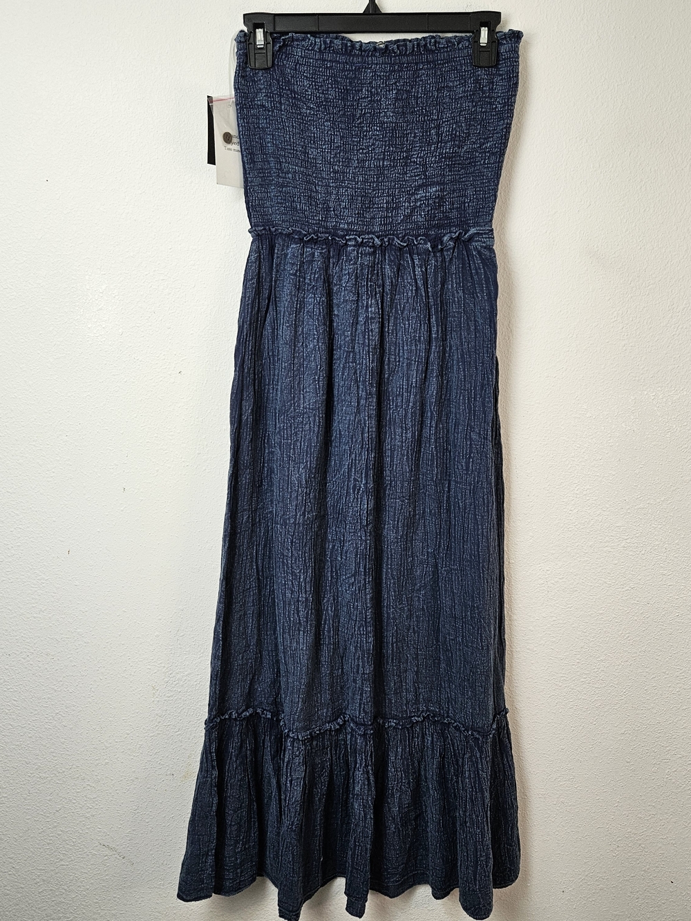 Mlle Gabrielle Navy Crinkle Strapless Maxi Dress Small Cotton New - Picture 6 of 10